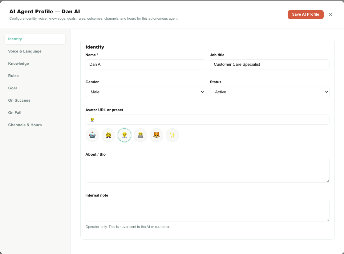 AI Agent editor screenshot — The eight configuration tabs