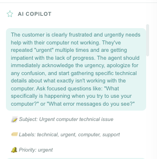 AI Copilot screenshot — The Copilot panel beside a live conversation