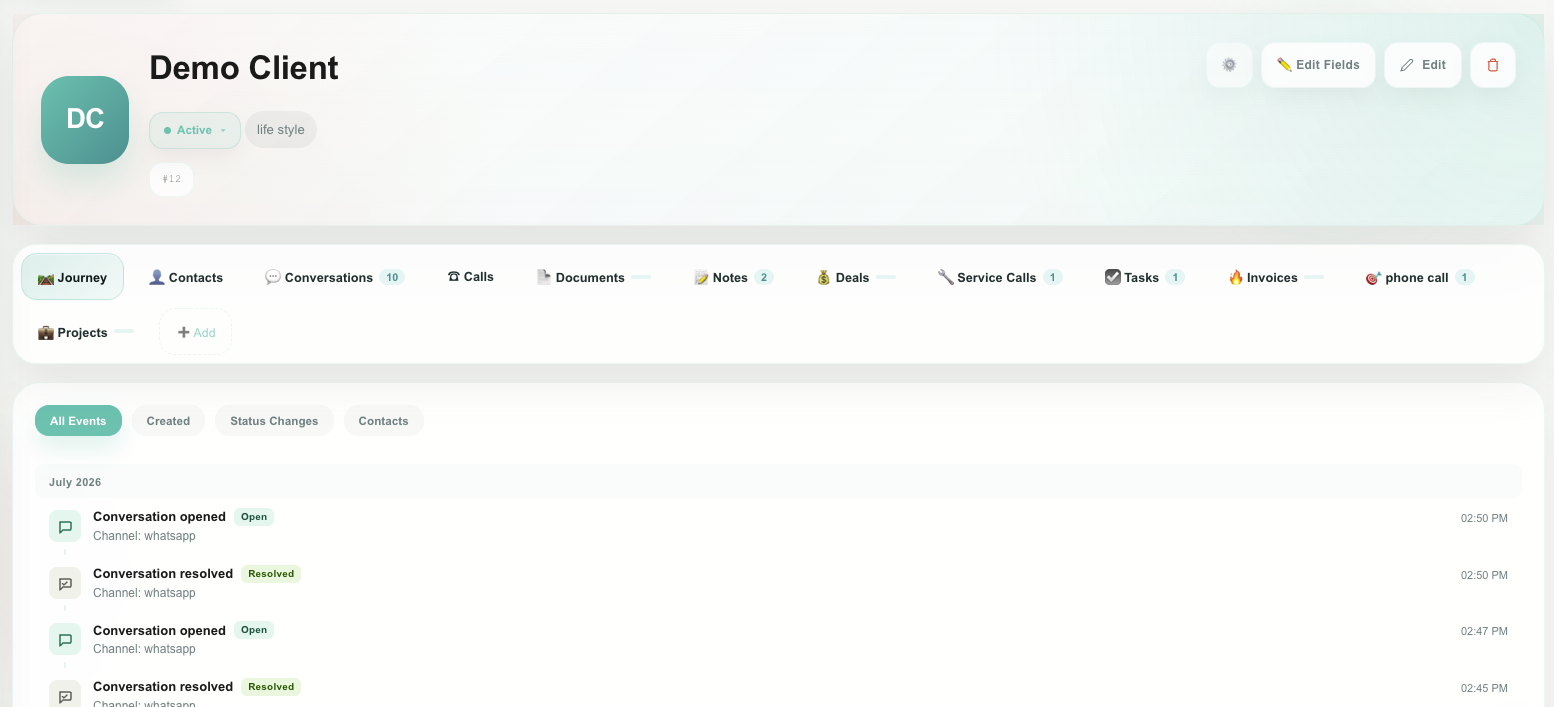 Customer profile screenshot — Profile with journey, custom objects and documents
